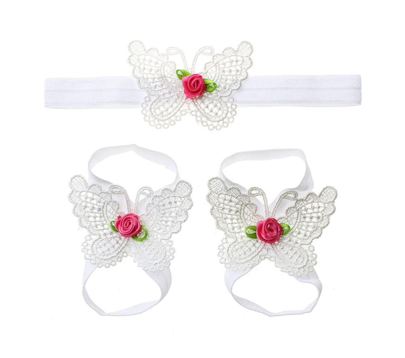Ldcx Baby girls infant crochet butterfly headbands and knitted flower barefoot sandals.(BBFJ3) (2 pcs White) - Image 2